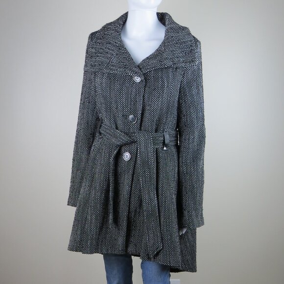 Steve Madden Tweed Lined Belted Coat SIZE LARGE Black White - Picture 1 of 15